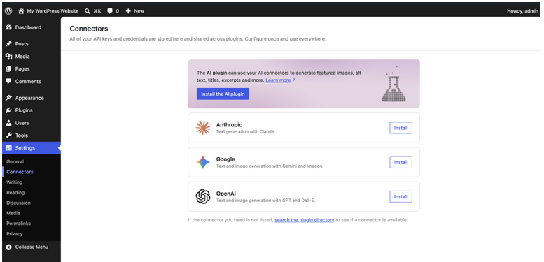 WordPress 7.0 συνδέσεις AI για Anthropic, Google και OpenAI στο admin panel
